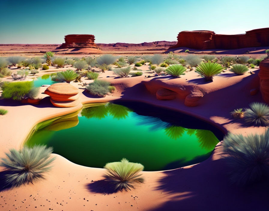 Desert Oasis with Green Water and Rock Formations