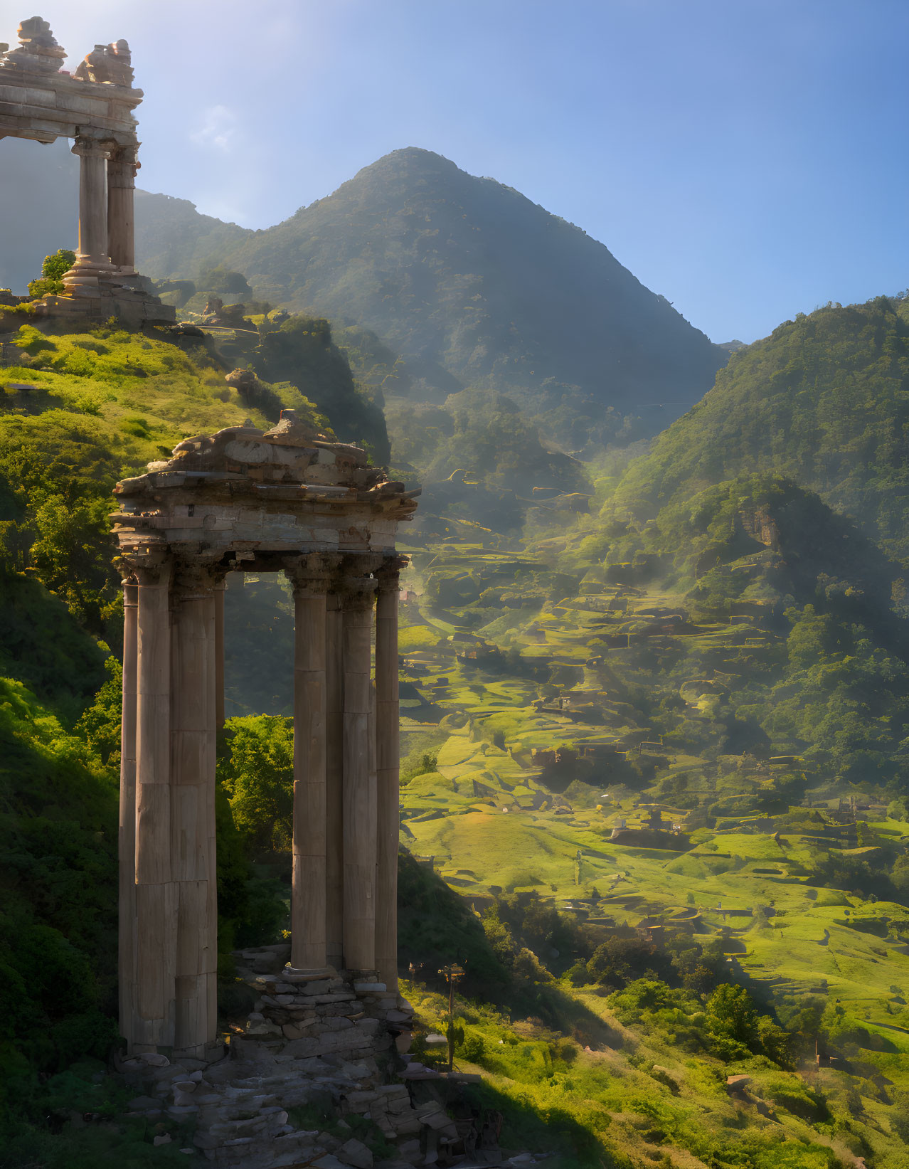 Ancient columns overlooking lush valley with mountains in soft sunlight