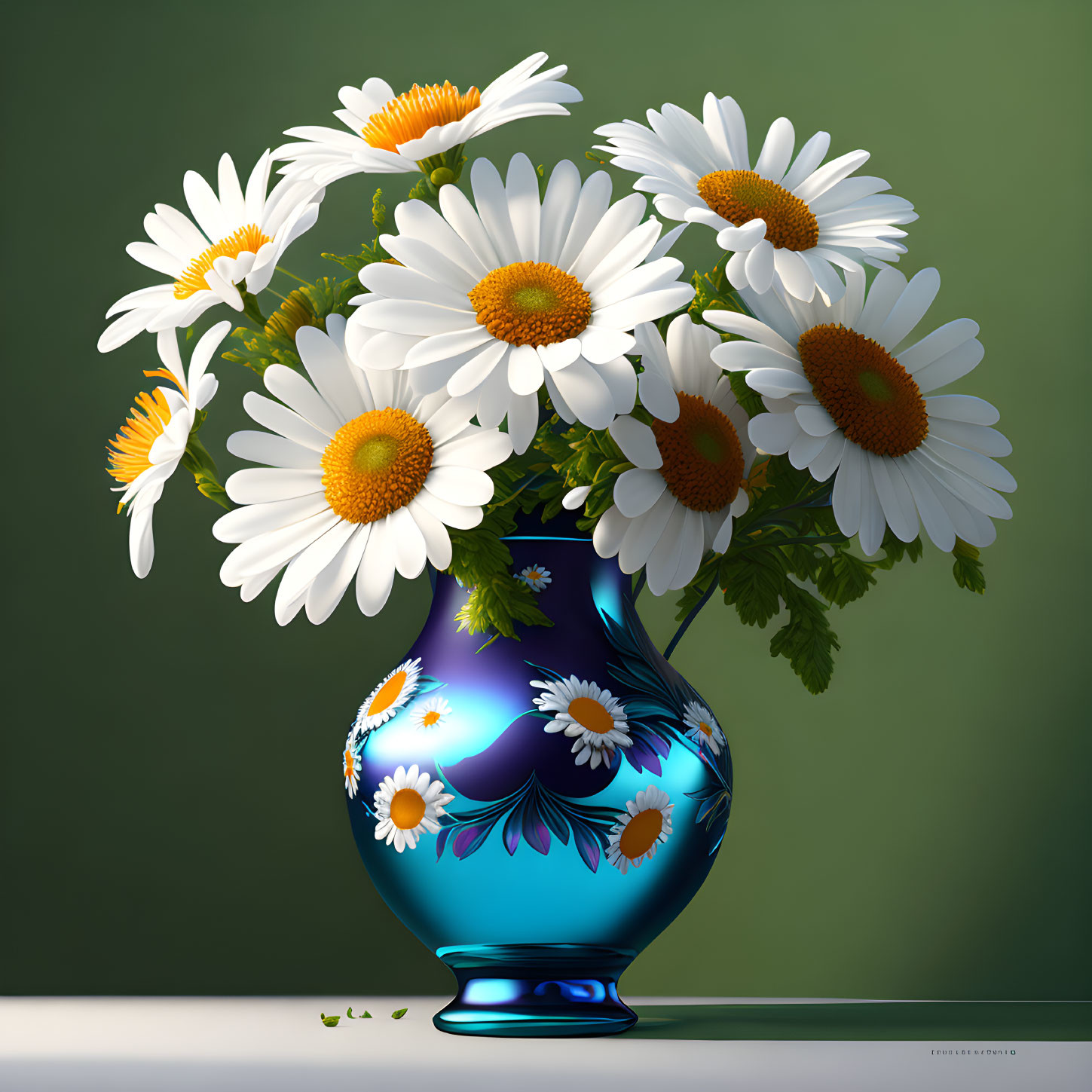 White Daisies Bouquet in Blue Vase on Green Background