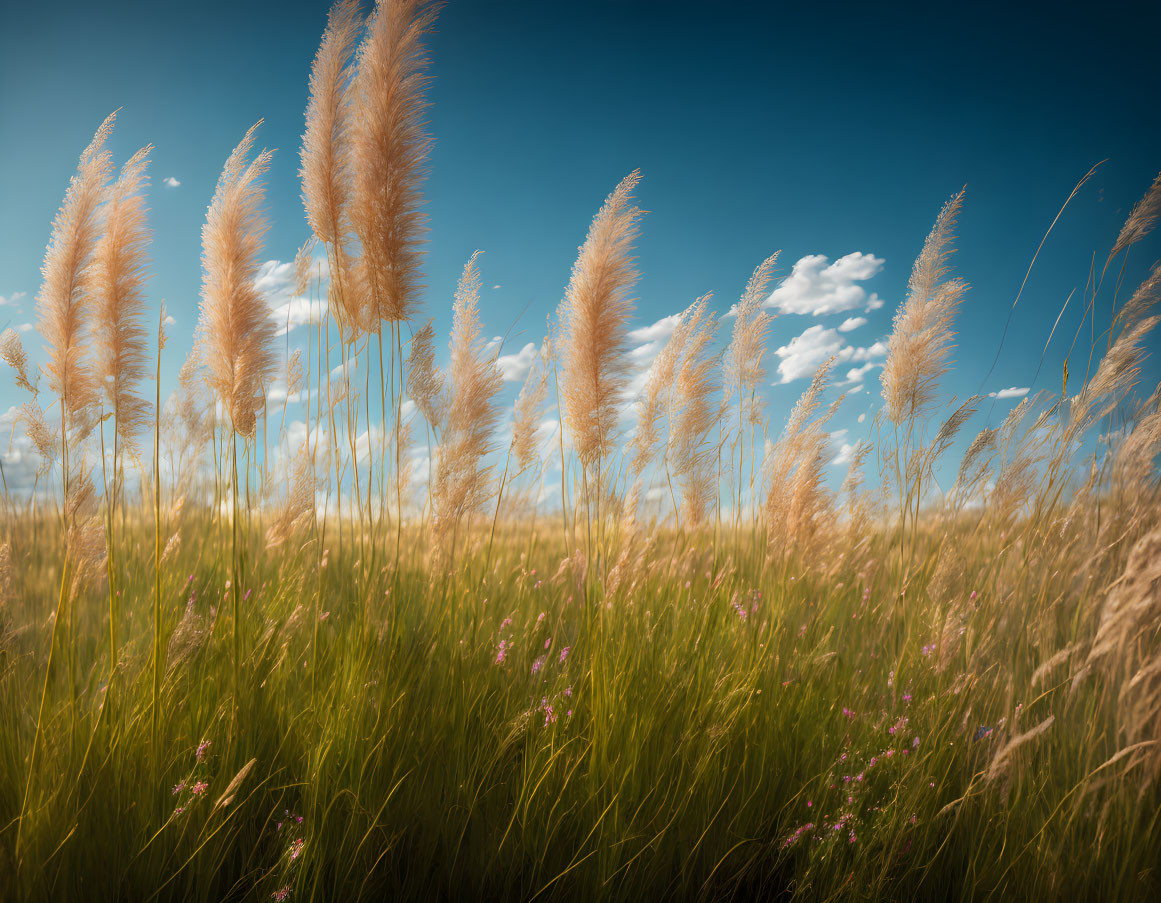 Vibrant blue sky and golden pampas grass in serene meadow