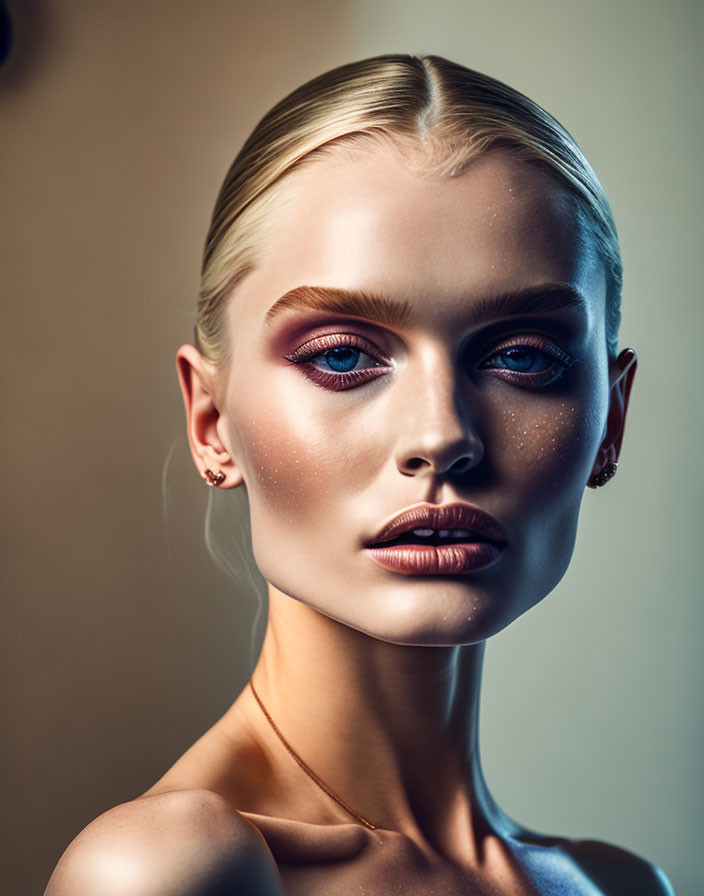 Portrait of Woman with Striking Makeup: Shimmering Eyeshadow, Freckles, and