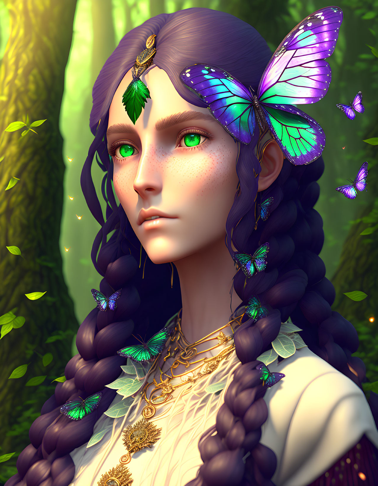 Digital artwork: Mystical woman with braided hair, gold jewelry, and purple butterflies in luminous