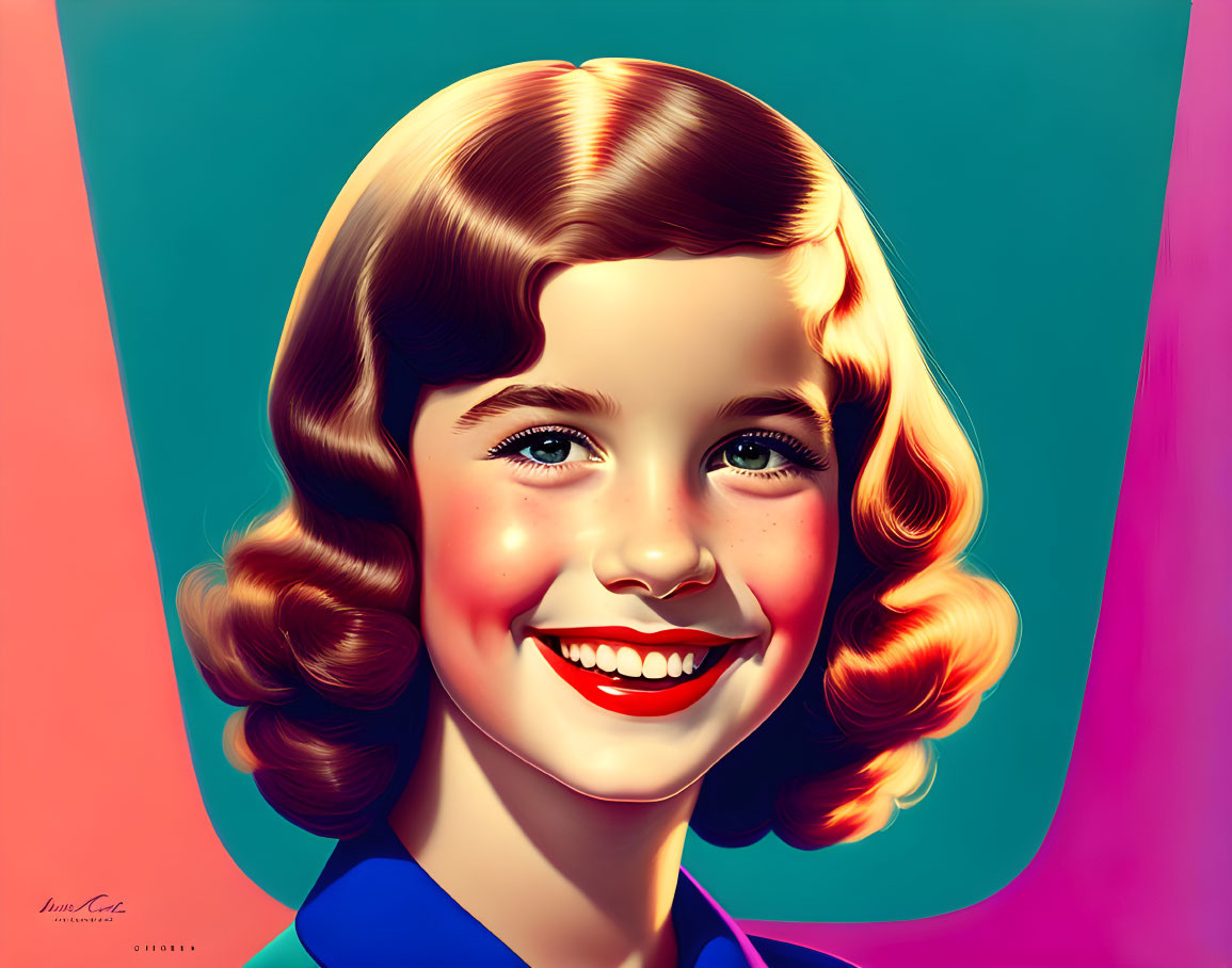 Smiling girl with glossy brown ringlets in blue outfit on teal and pink background