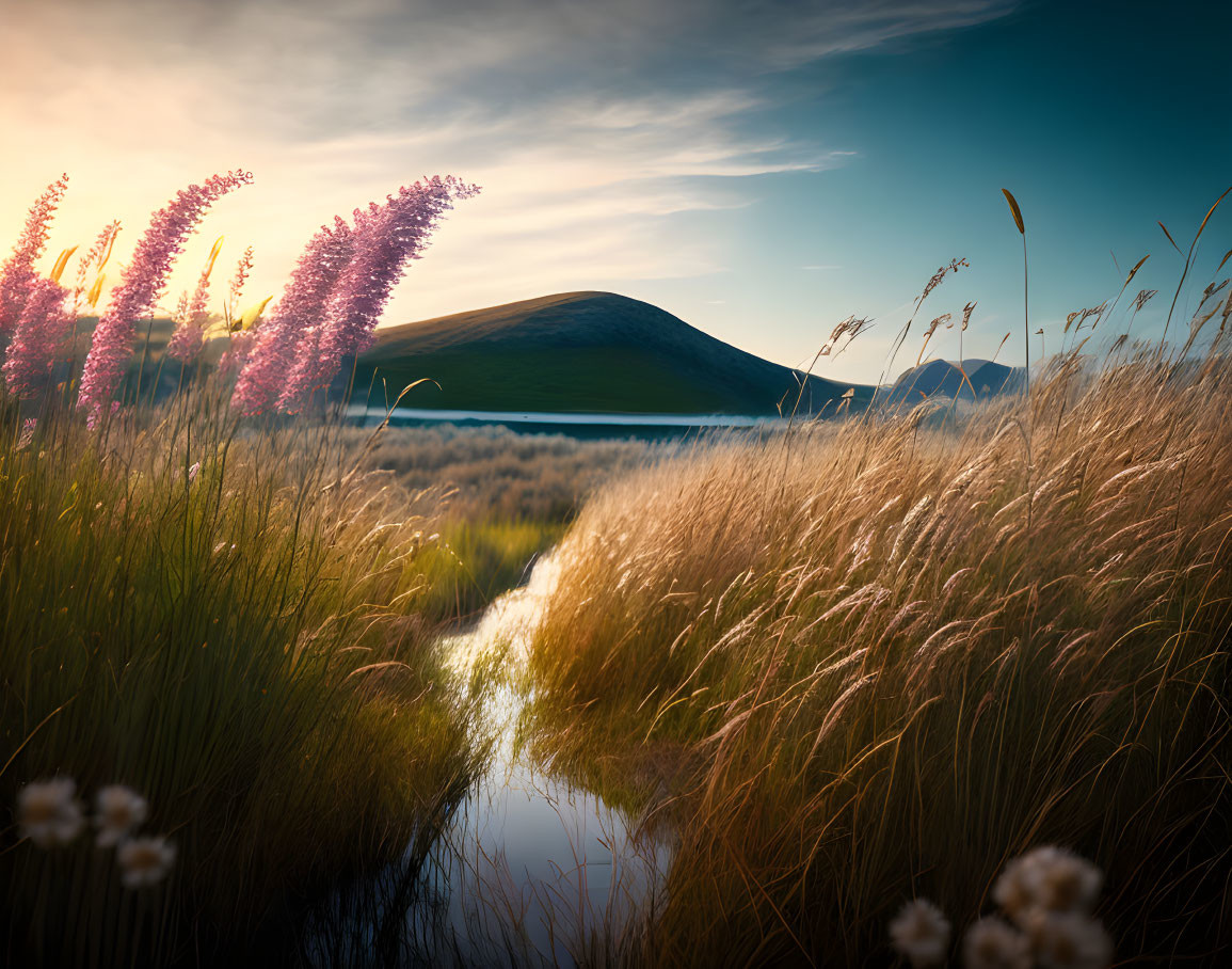 Tranquil landscape with stream, tall grass, and purple flowers