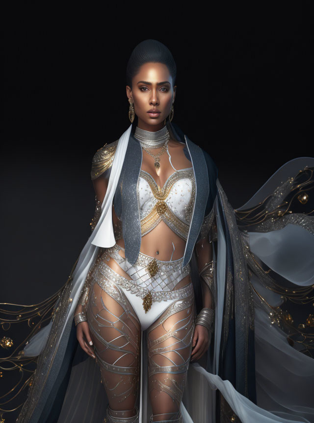 Elaborate Fantasy-Inspired Costume with Metallic and White Fabrics