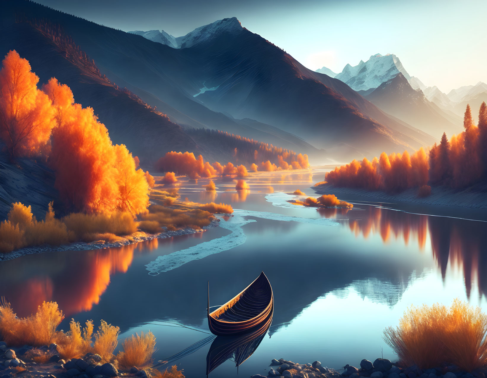 Tranquil river landscape with boat, autumn trees, and mountains