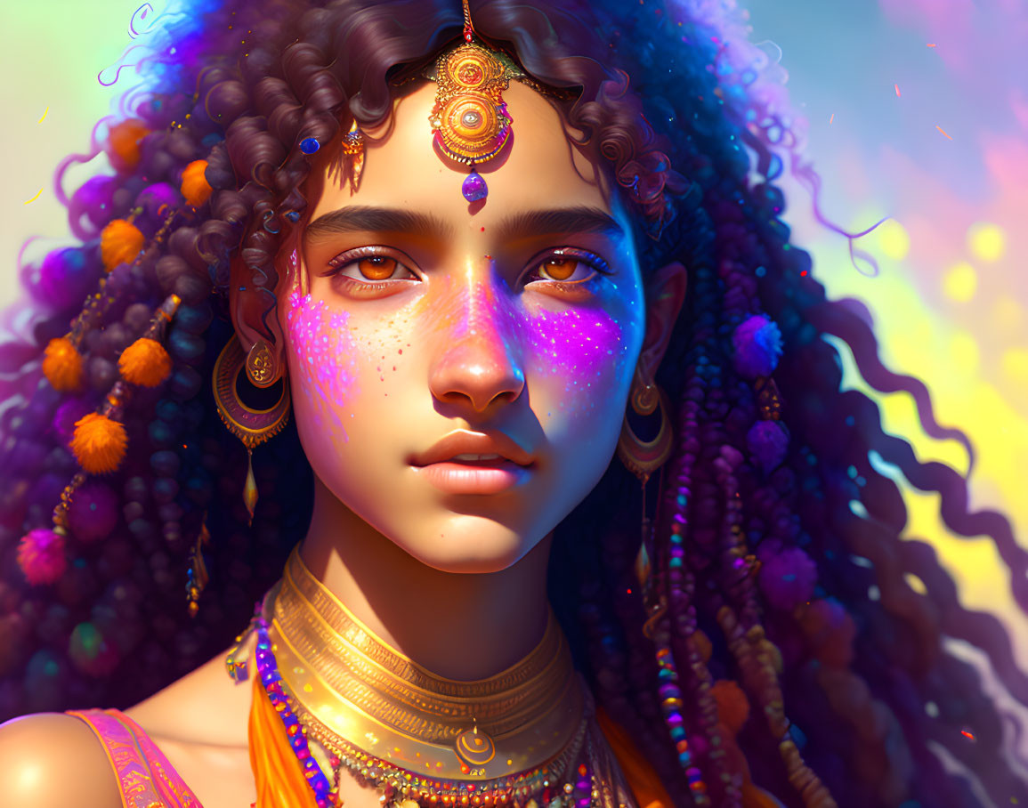 Detailed portrait of young woman with curly hair, traditional jewelry, and vibrant makeup on soft-focus background.