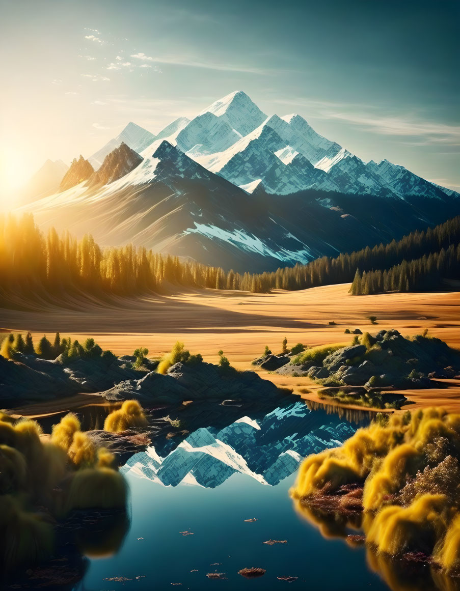 Snow-capped mountains reflecting in clear lake amidst greenery and golden field