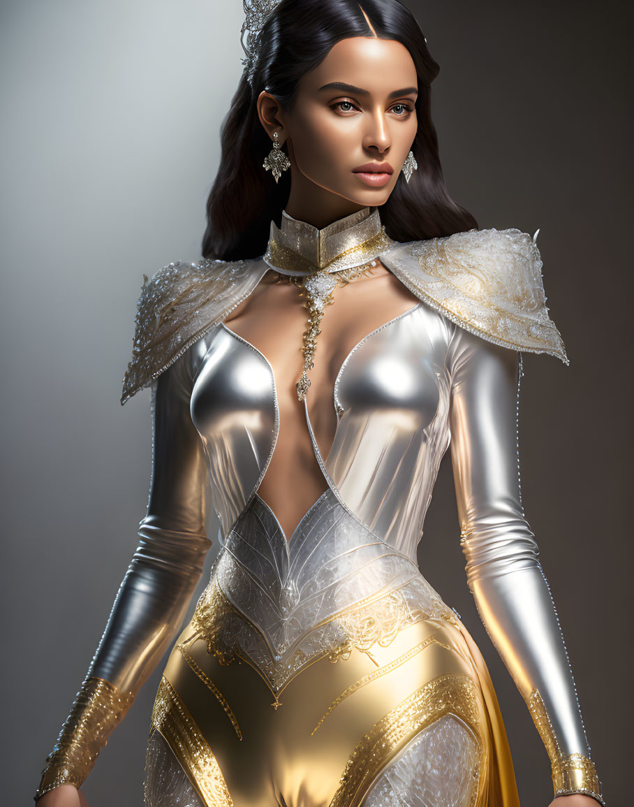 Dark-haired woman in futuristic silver and gold bodysuit and cape exudes elegance and strength