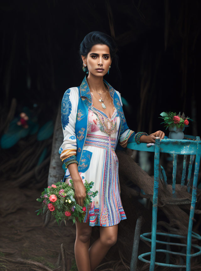 Dark-haired woman in patterned dress with blue scarf holding flowers by blue chair and peacocks in