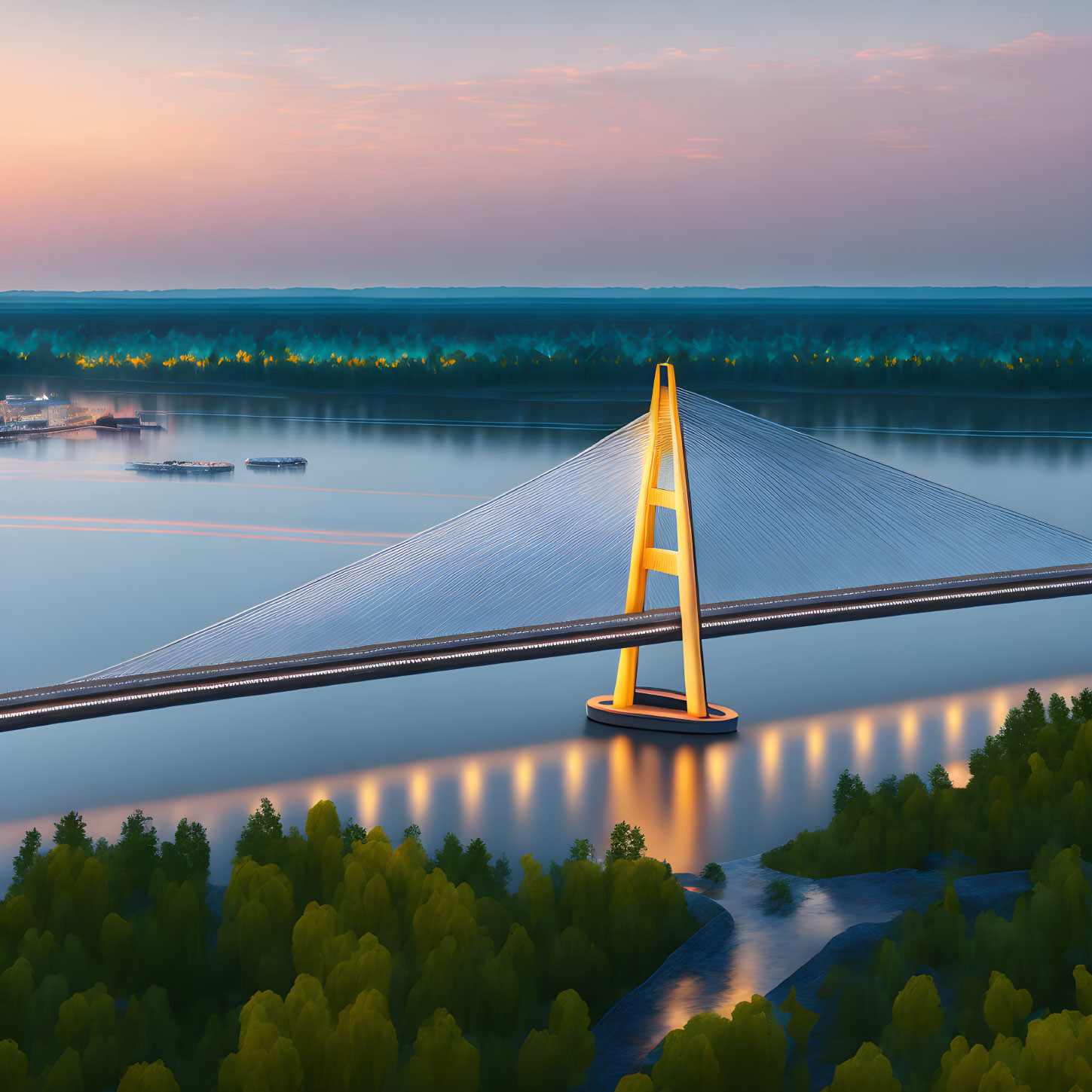 Modern Cable-Stayed Bridge at Dusk with Colorful Sunset