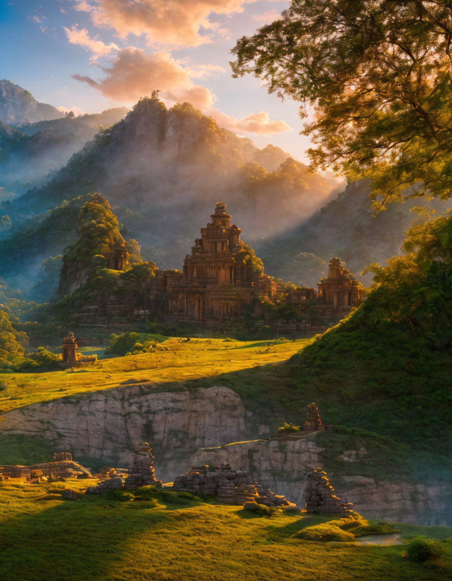 Sunlit ancient temple in misty forested mountains