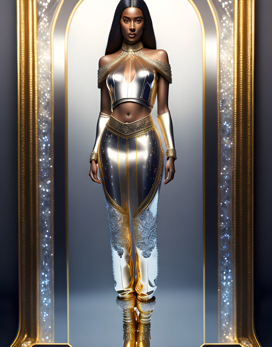 Futuristic digital art: Woman in golden and white outfit between glowing panels