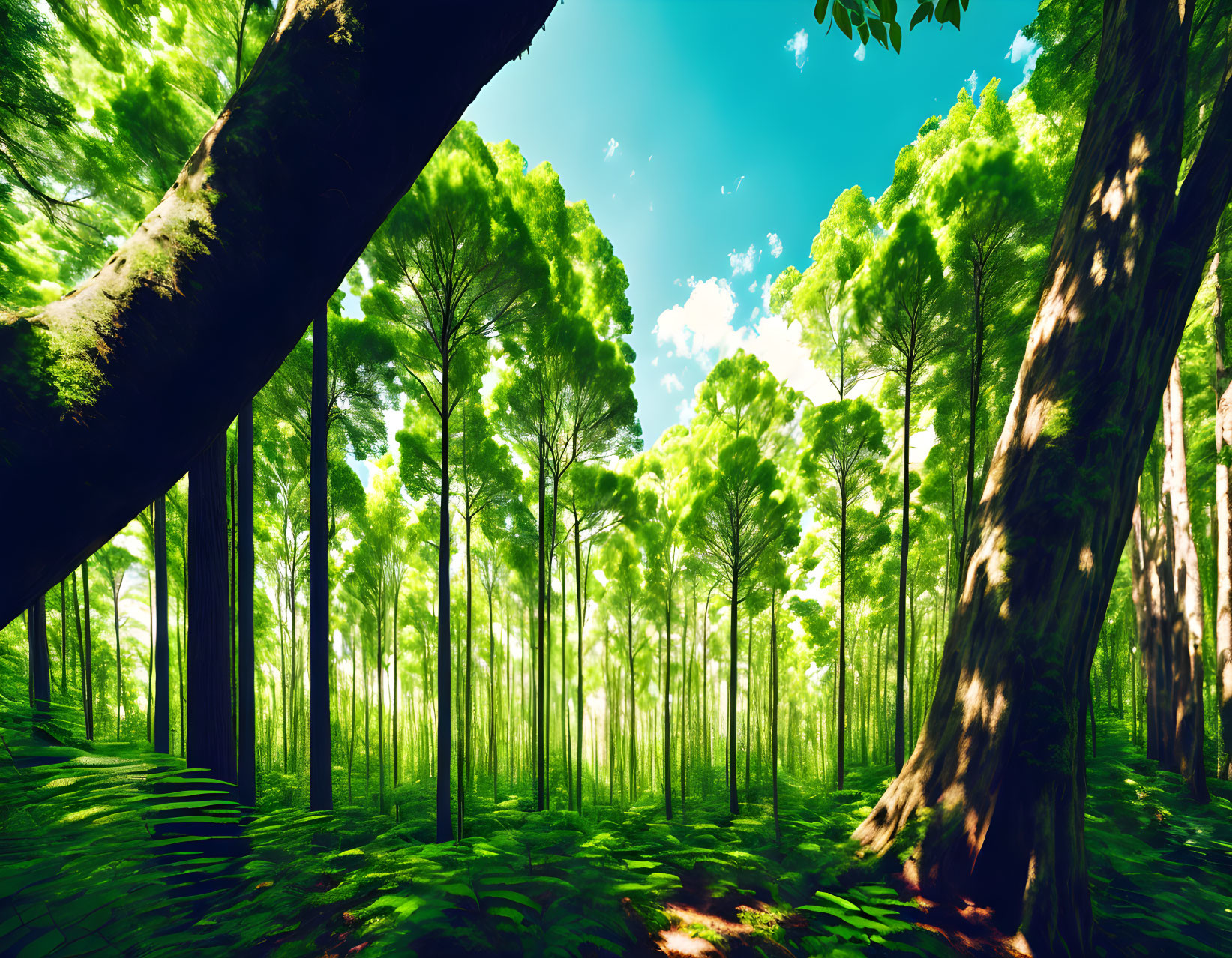 Lush Forest Scene with Tall Green Trees and Sunlight Filtering Through Leaves