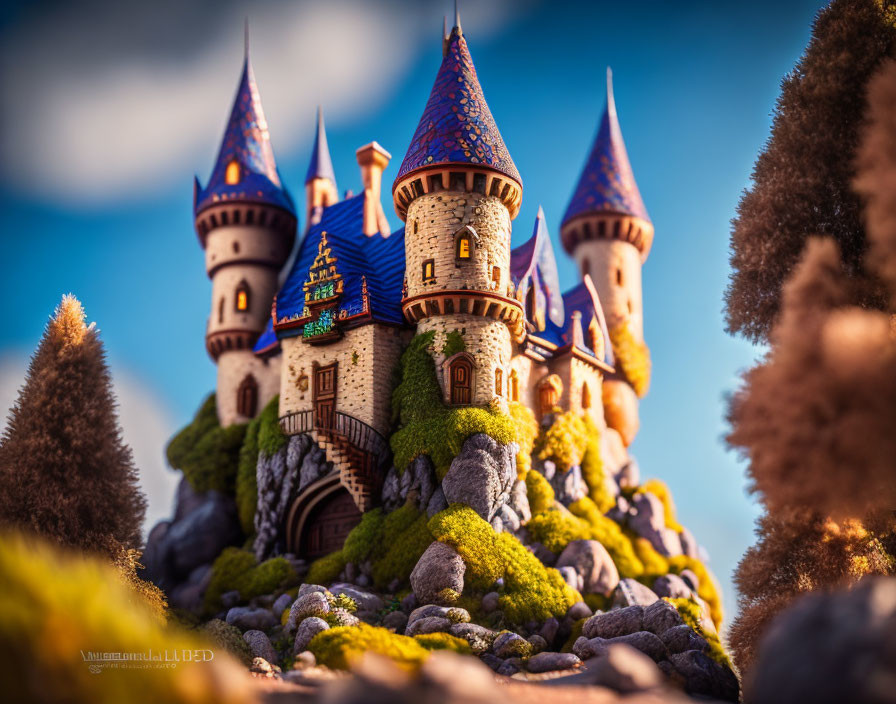 Miniature fairytale castle with blue-tipped towers in mossy landscape