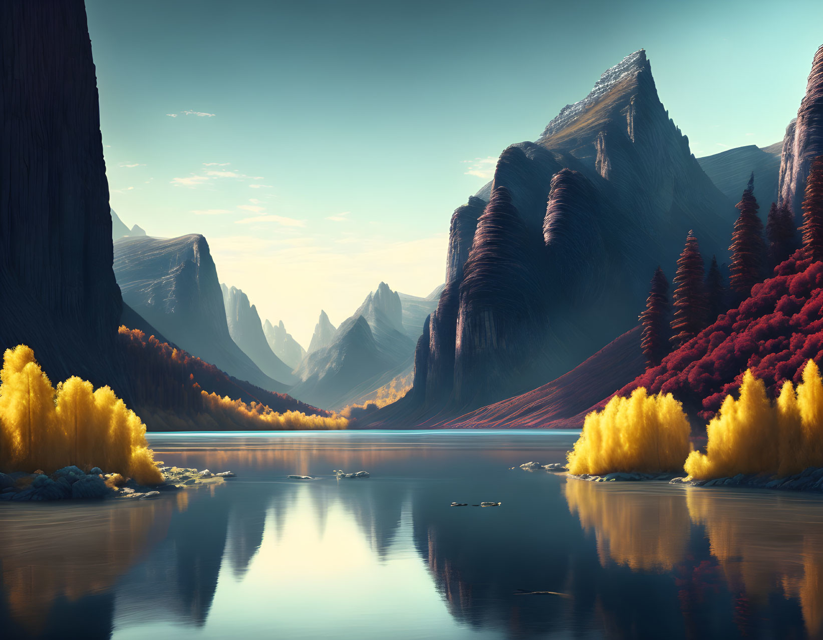 Tranquil river landscape with golden trees and mountains