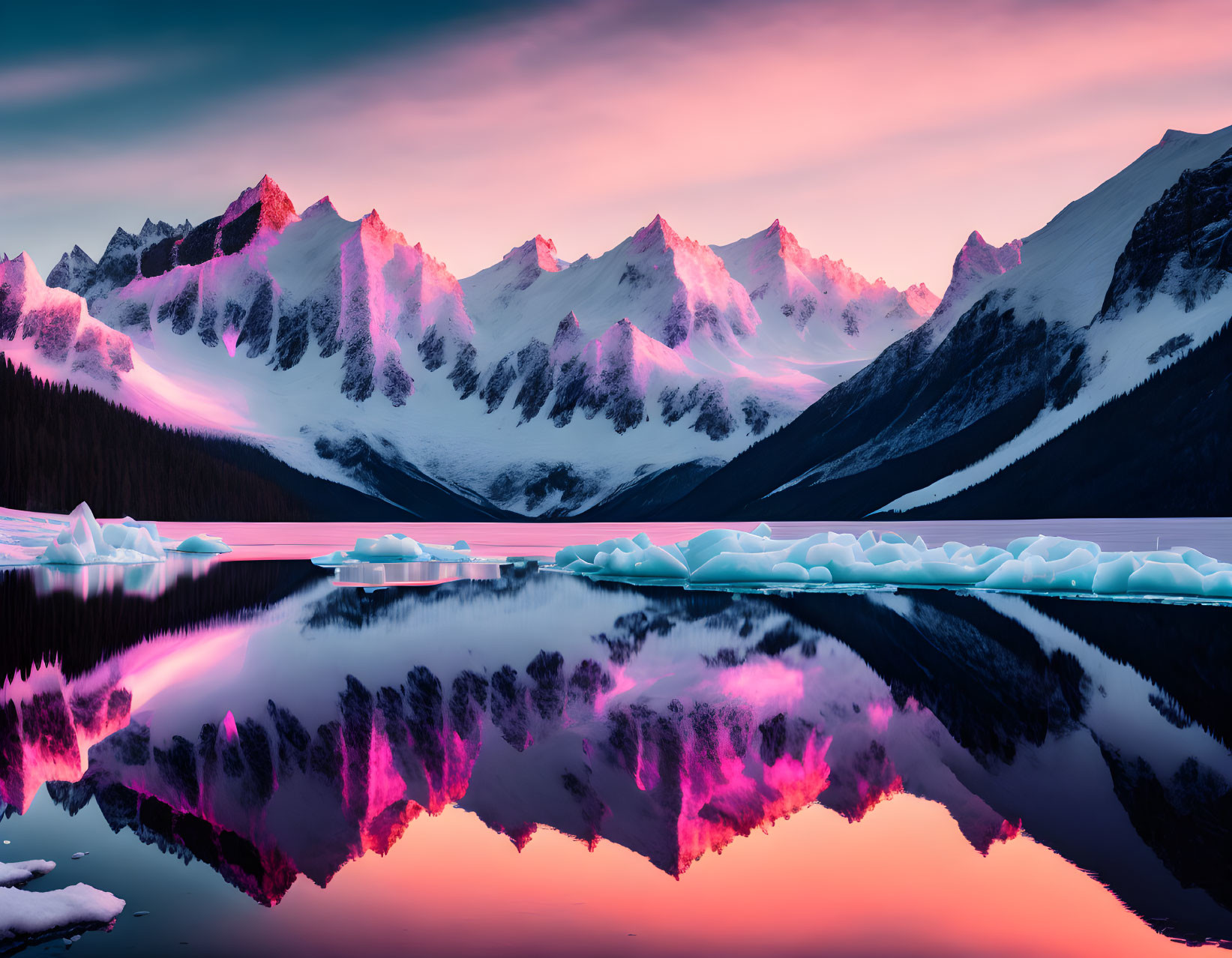 Scenic sunrise over mountain range, reflected on calm lake with icebergs