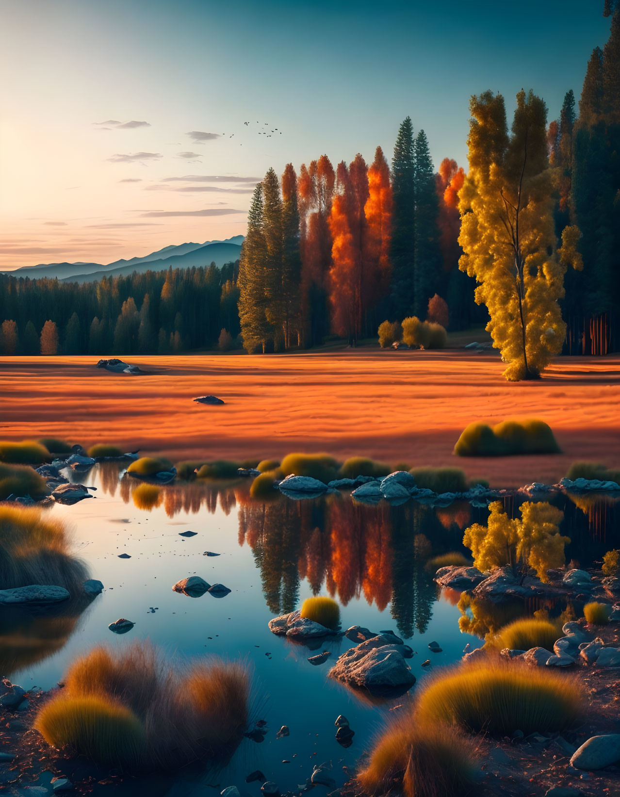 Scenic dusk view of tranquil lake with autumn trees and birds in flight