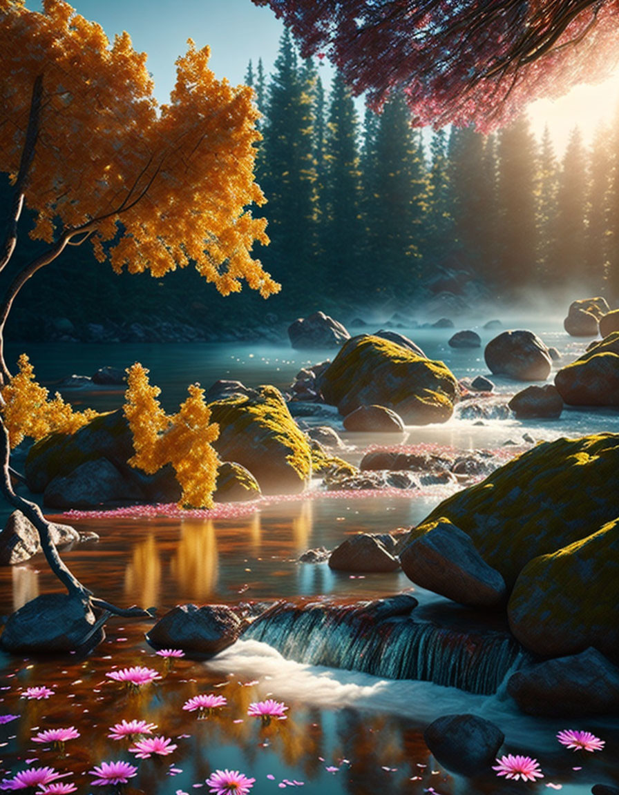 Tranquil river in forest with autumn trees, purple flowers, and rocks