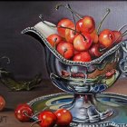 Shiny cherries in glass bowl with bottle on reflective surface