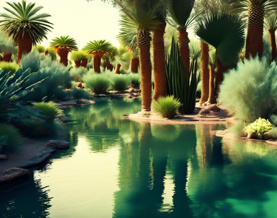 Tranquil oasis with lush palm trees and verdant bushes reflected in calm water