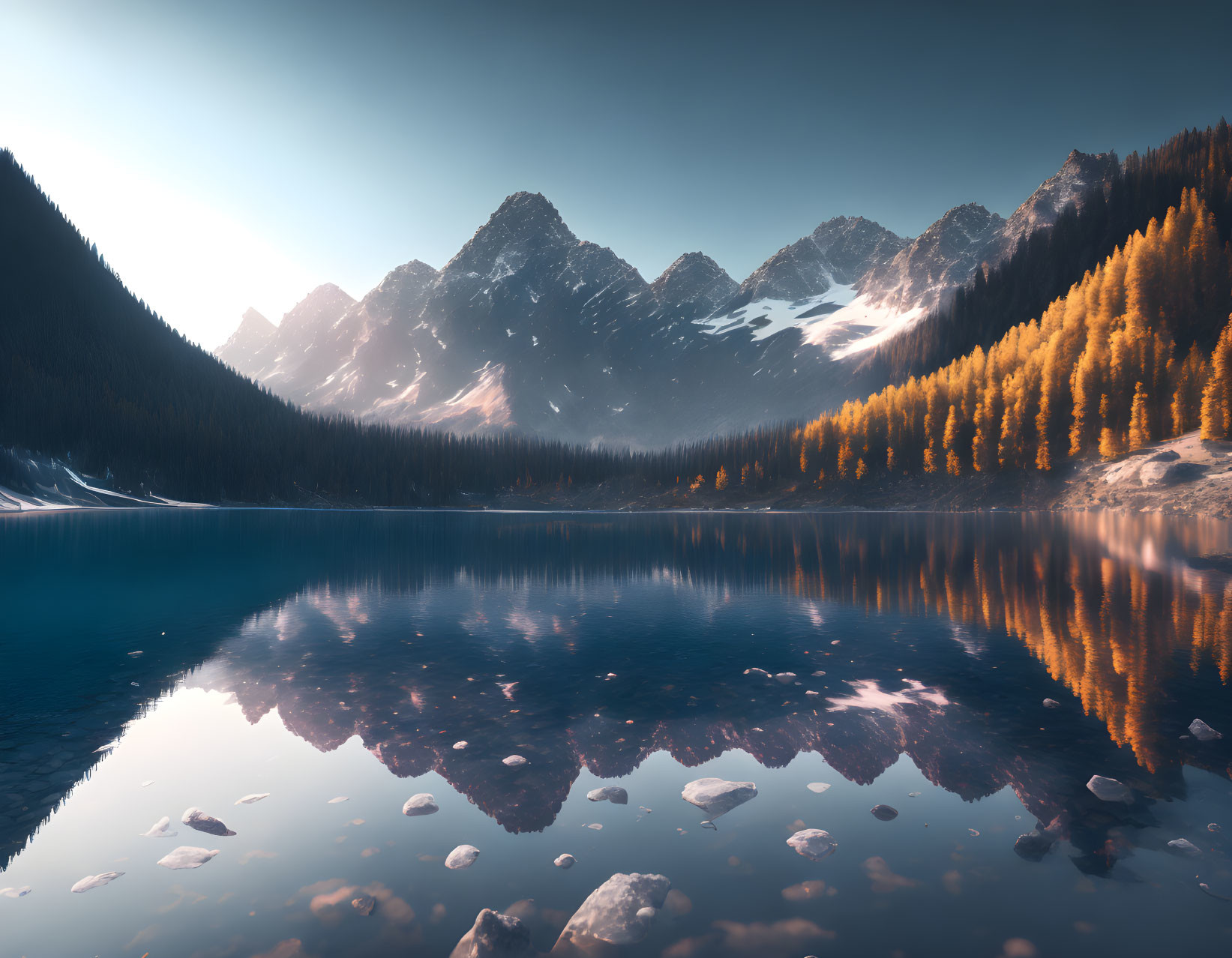 Tranquil Mountain Lake with Autumn Trees and Snow-Capped Peaks at Dawn