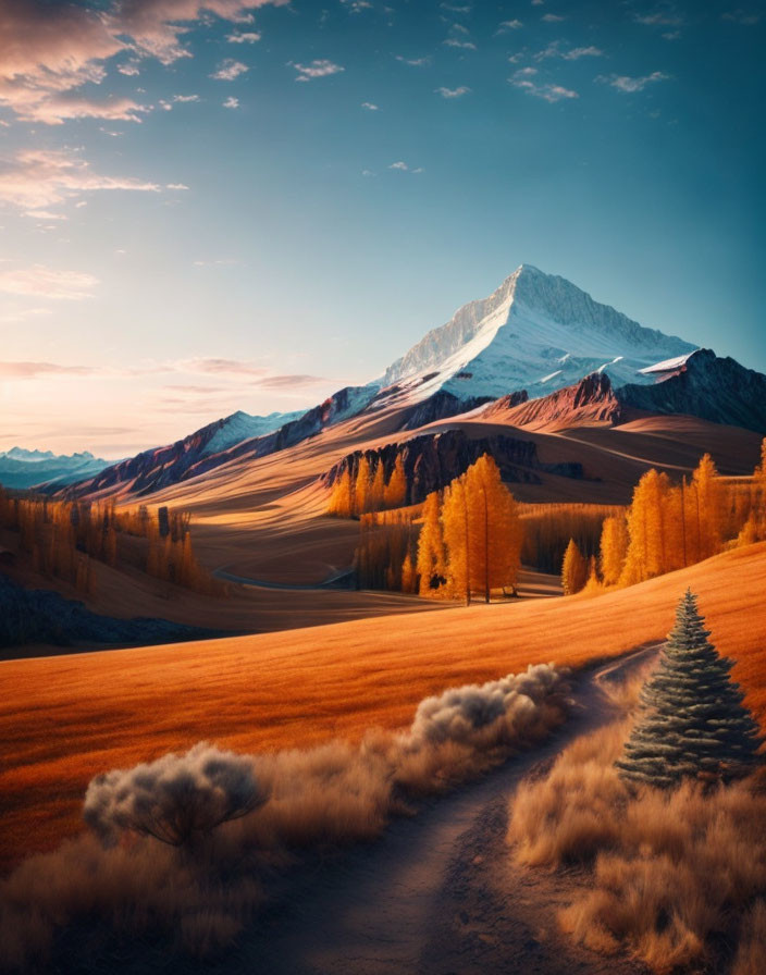 Golden Field Path Towards Snow-Capped Mountains