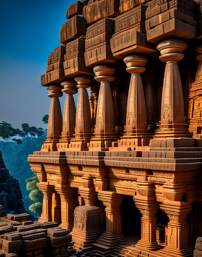 Ancient temple with ornate carvings and towering pillars amid lush trees