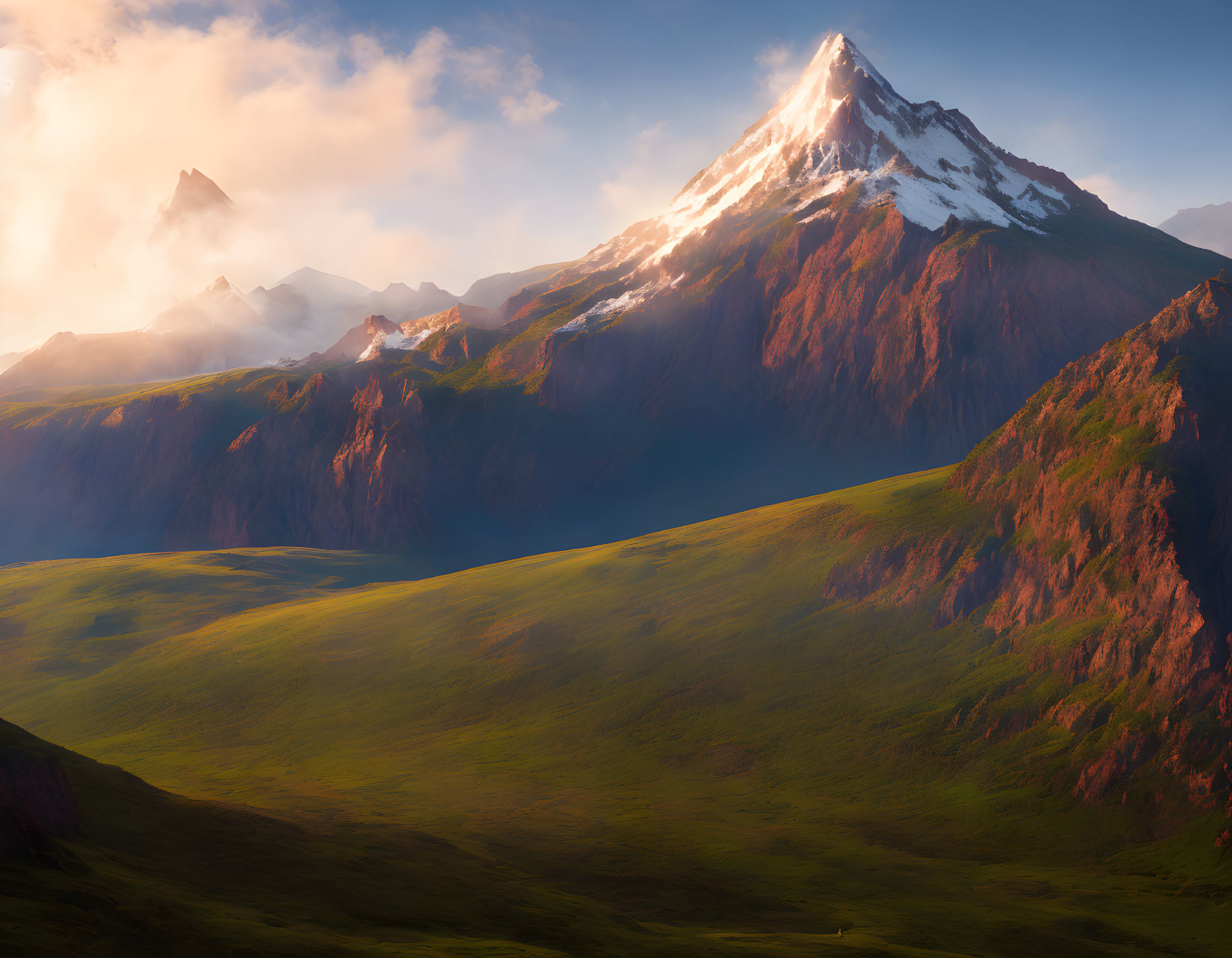 Majestic mountain peak at sunrise with vibrant green slopes