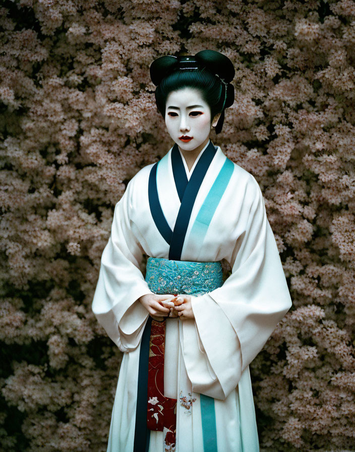 Traditional Geisha Kimono Amid Sakura Blossoms