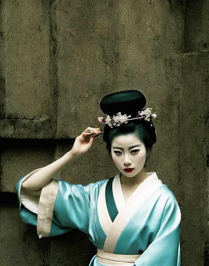 Traditional Japanese Attire Woman with Elaborate Flowered Hairstyle