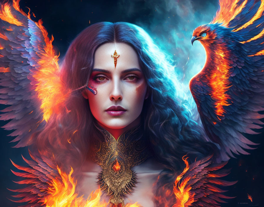 Fantasy Artwork: Dark-haired woman with fiery phoenix in cosmic blue backdrop