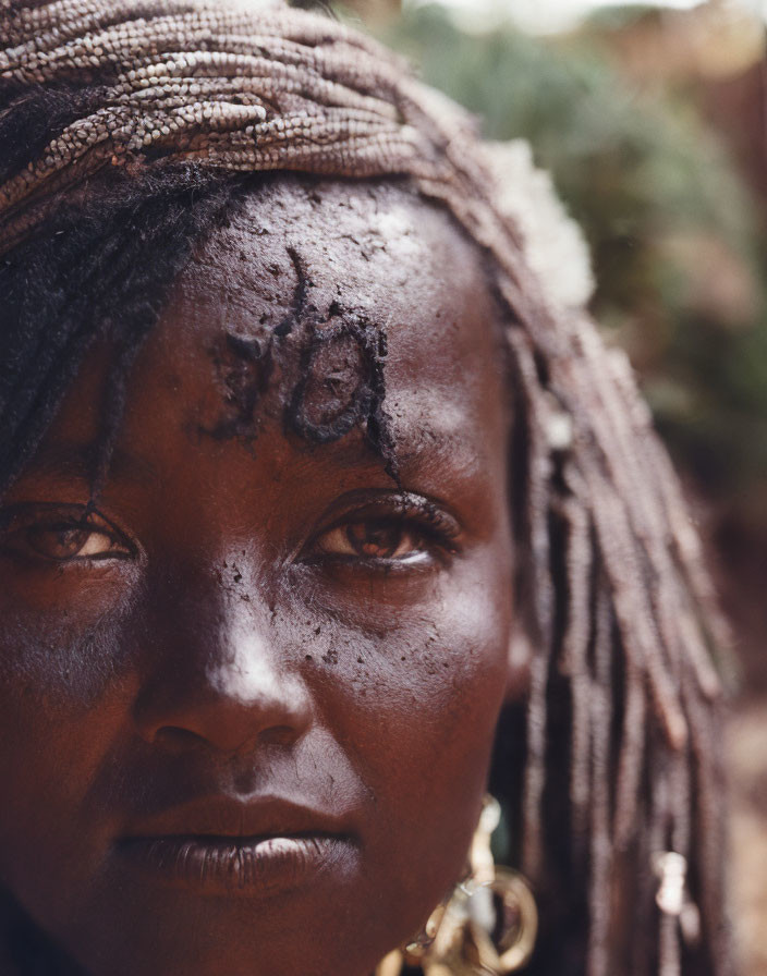 Portrait of person with traditional facial markings, braided hair, beads, and hoop earrings