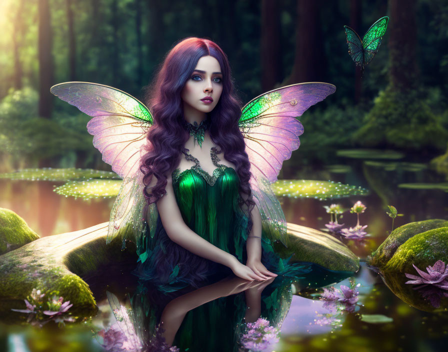 Iridescent-winged fairy in tranquil forest pond