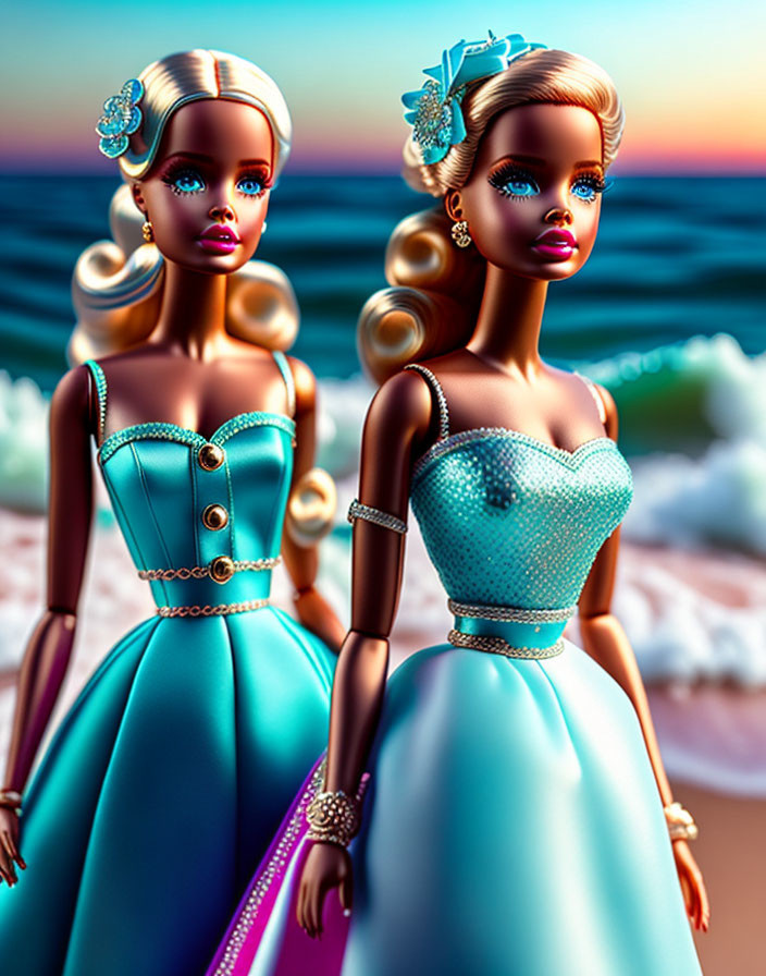 Stylized dolls with elaborate hairstyles on beach at sunset