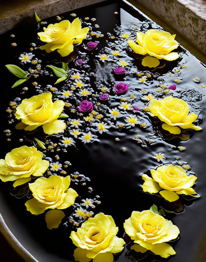 Tranquil Floral Bath with Yellow Roses and Purple Accents