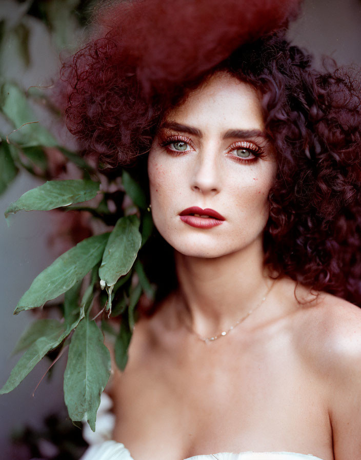 Voluminous Curly Red Hair Woman Portrait with Intense Gaze and Striking Makeup