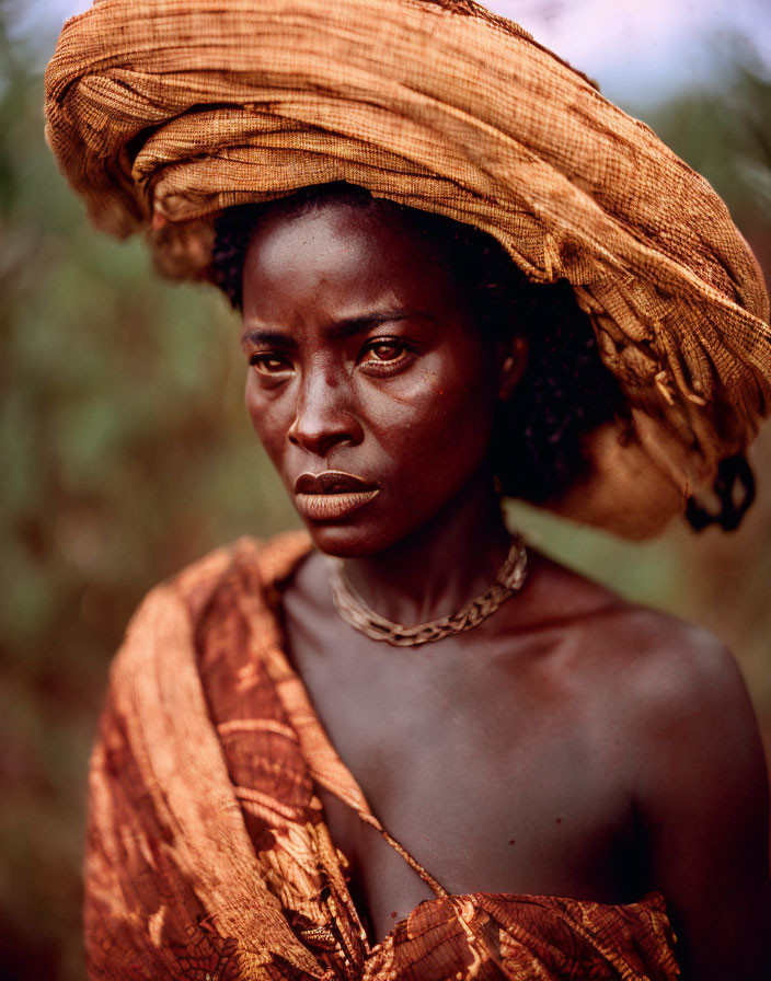 Solemn woman in orange textured fabric against natural backdrop