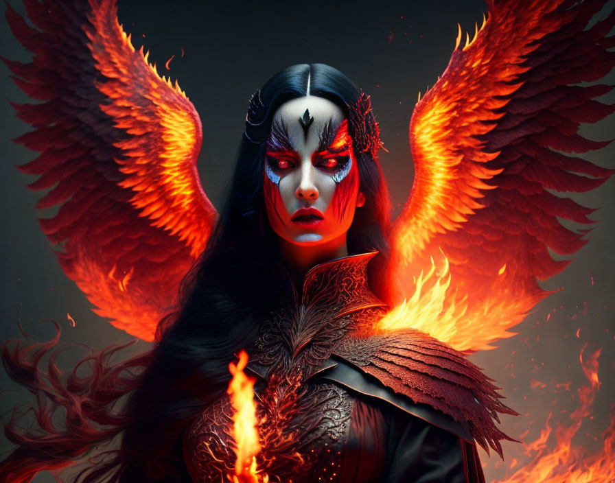 Dark Fantasy Makeup: Fiery Wings, Red Eyes, Powerful Presence