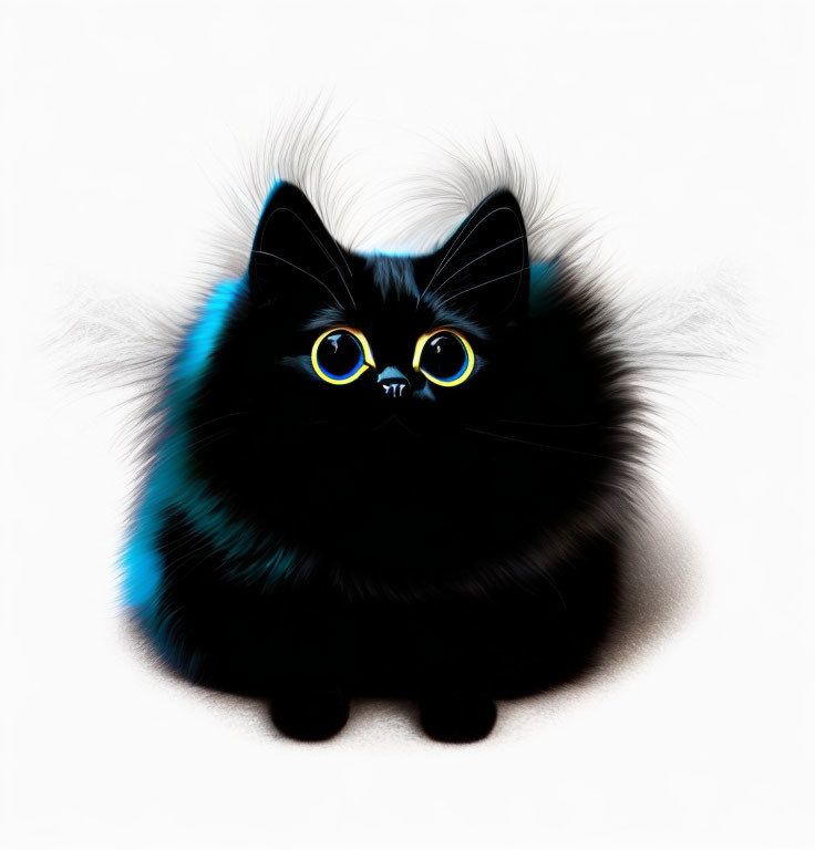 Fluffy Black Cat Illustration with Yellow Eyes and Blue Highlights