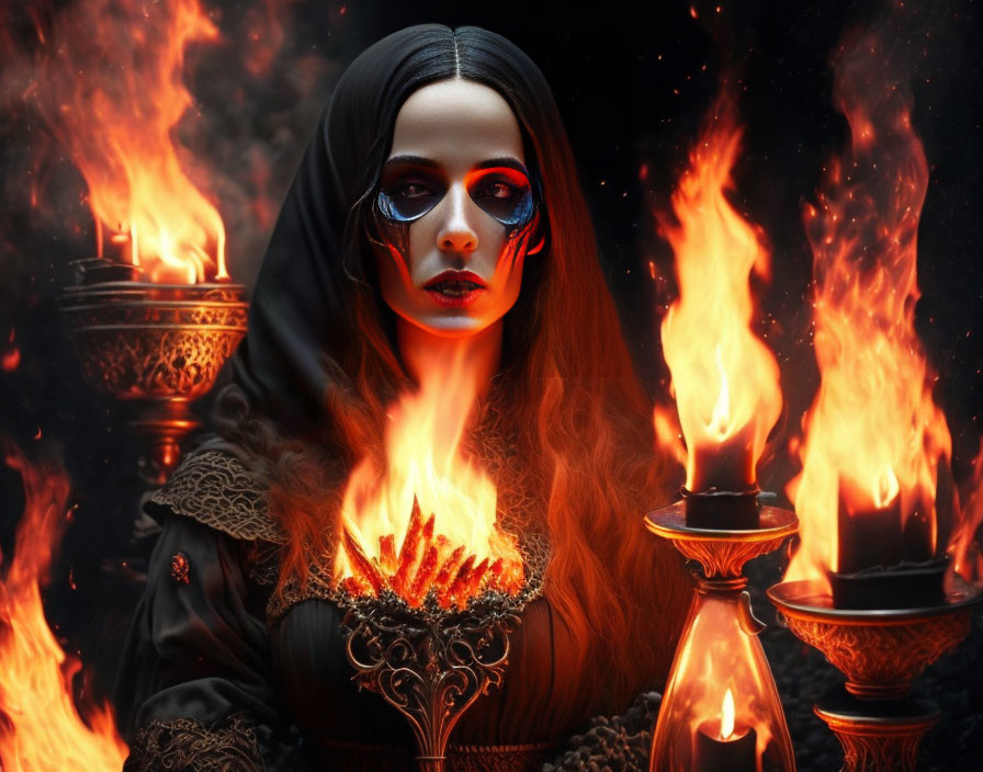 Mystical woman in black cloak with glowing red eyes and flame, surrounded by candles and lantern