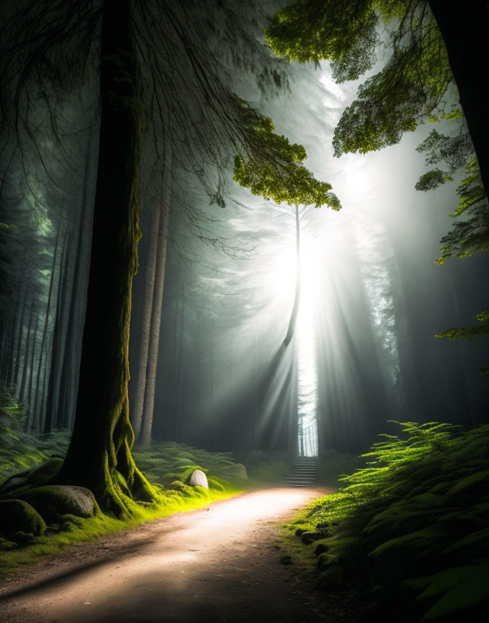 Tranquil forest landscape with winding path and sunlight beams