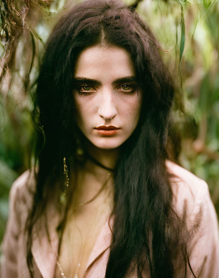 Dark-haired woman with striking makeup in lush greenery portrait.