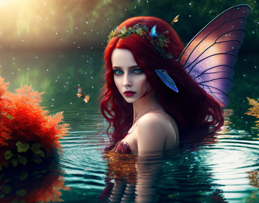 Vibrant red-haired fairy with butterfly wings in underwater scene.