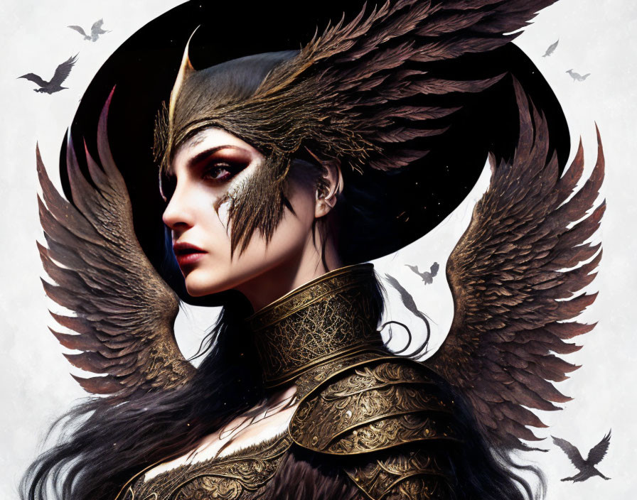 Female warrior in golden armor with feathered wings and bird-like helmet, accompanied by crows.