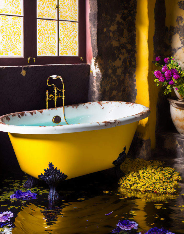 Vintage Yellow Claw-Foot Bathtub with Running Water and Flower Petals in Stained Interior