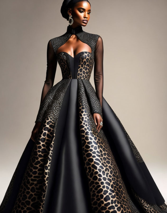 High-collar black gown with sheer panels and leopard print accents and statement earrings.