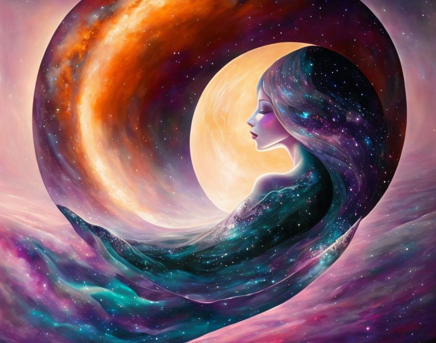 Illustration of woman's silhouette merging with starry space background