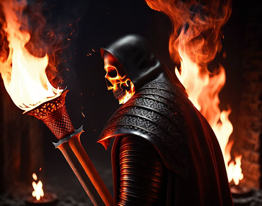 Flaming skull-faced figure in armor holding torch amidst fire