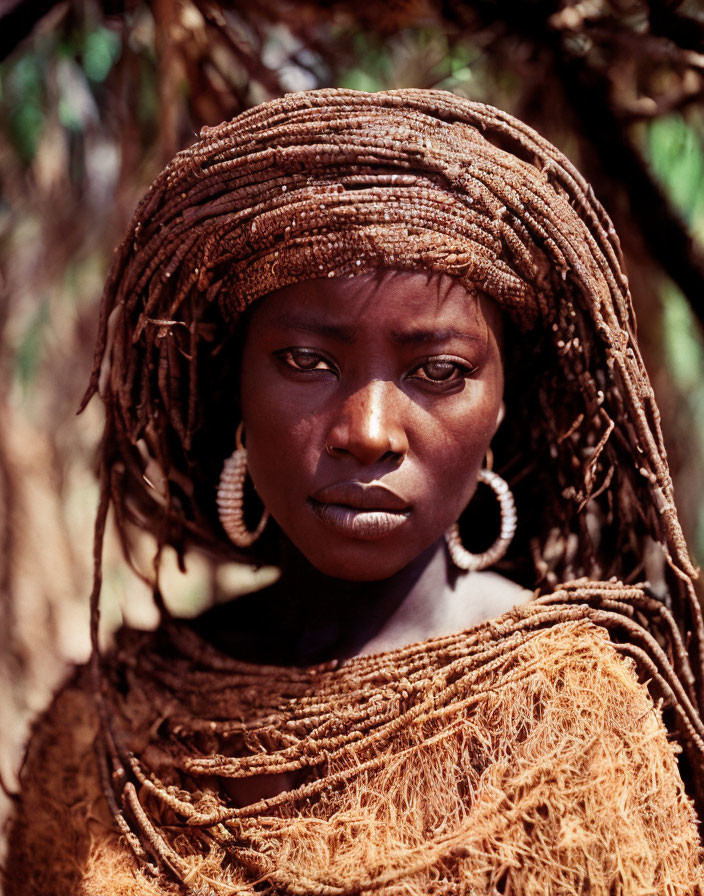 Portrait of woman with braided hair, hoop earrings, orange garment, serious expression